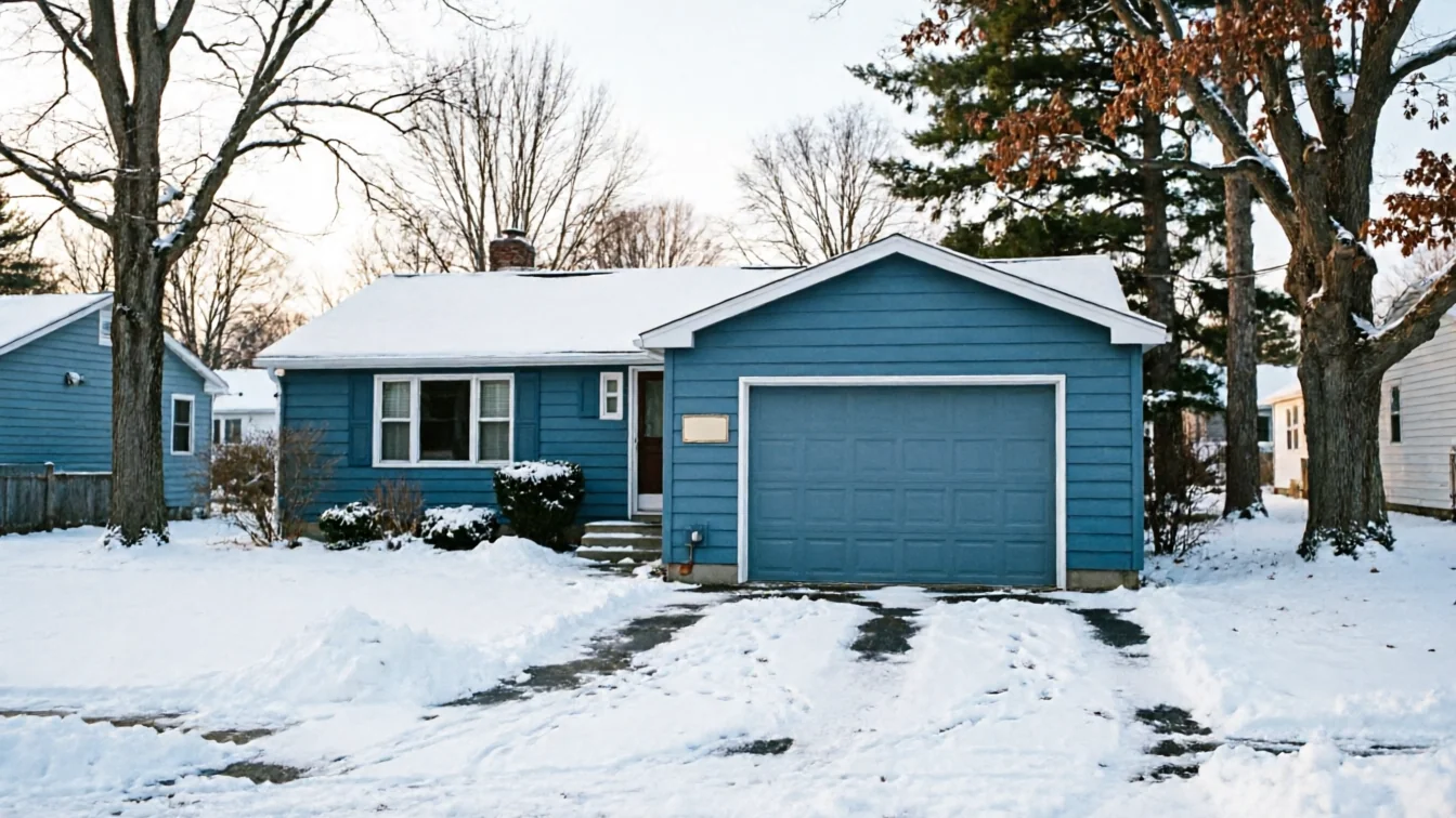 A blue house with a blue garage door is covered in snow.