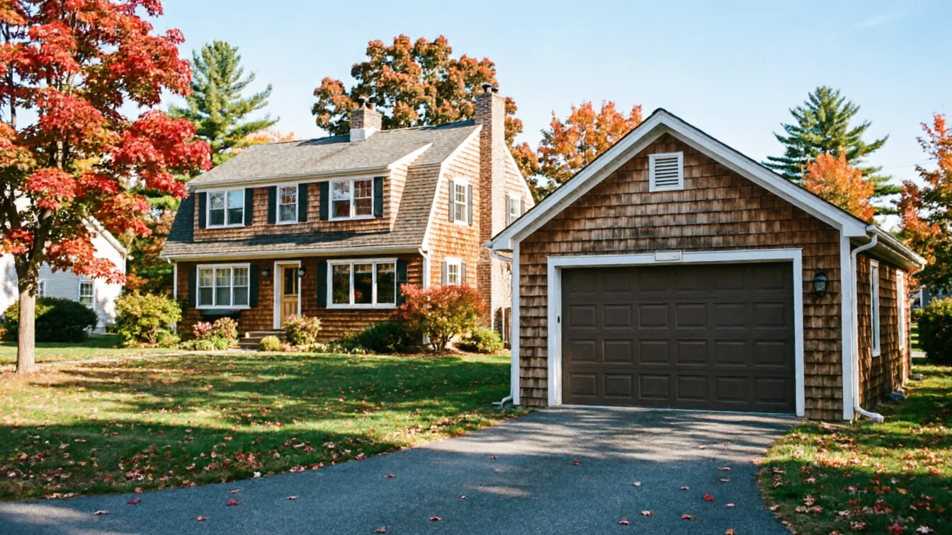 A brown garage door is on a detached garage next to a house in autumn.