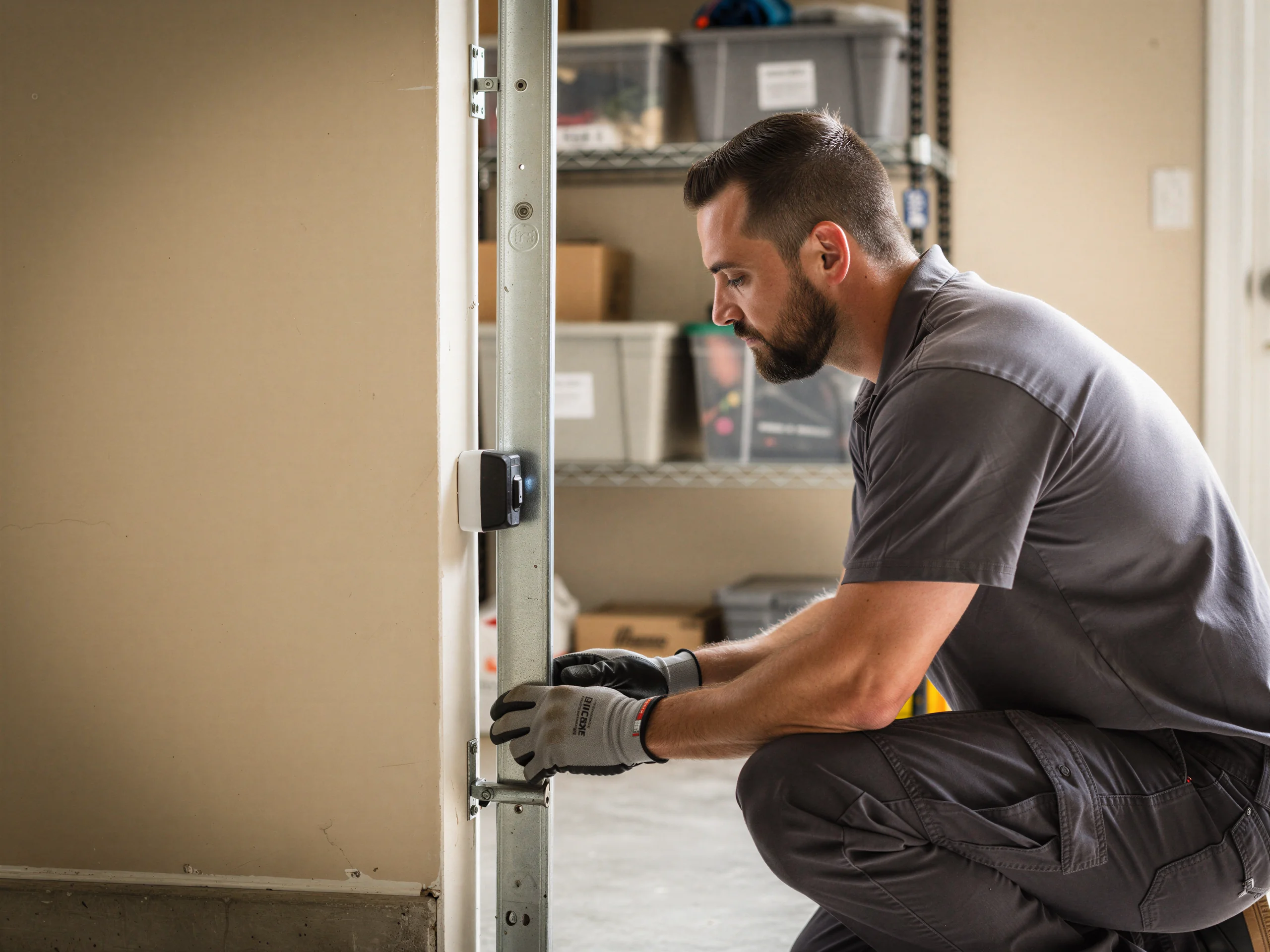 A technician in a gray shirt and gloves works on a garage door track.