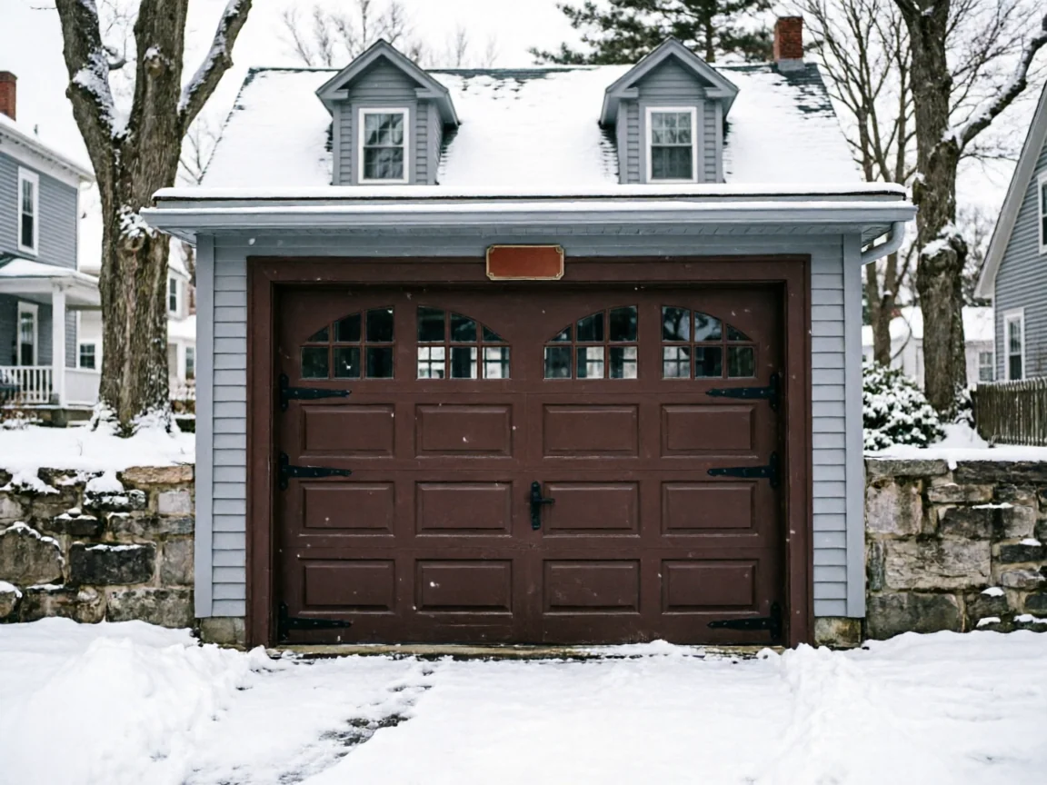 A brown garage door with windows is on a snow-covered house.
