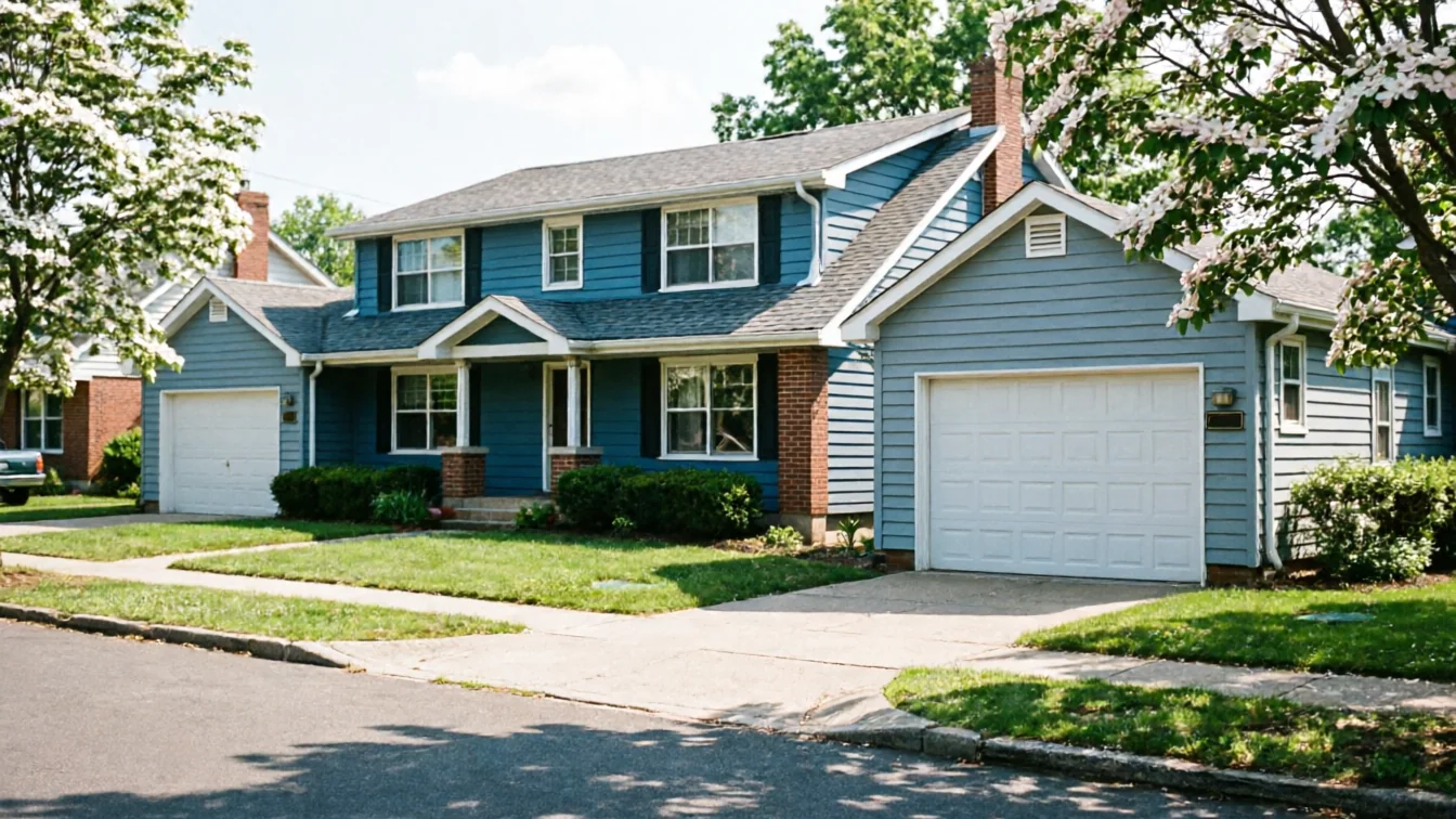 A blue house with two white garage doors and a green lawn.